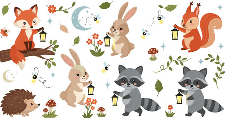 Naklejka premium Charming Nighttime Woodland Animals Set Featuring Fox, Rabbit, Squirrel, Raccoon, and Hedgehog with Lanterns under the Moon