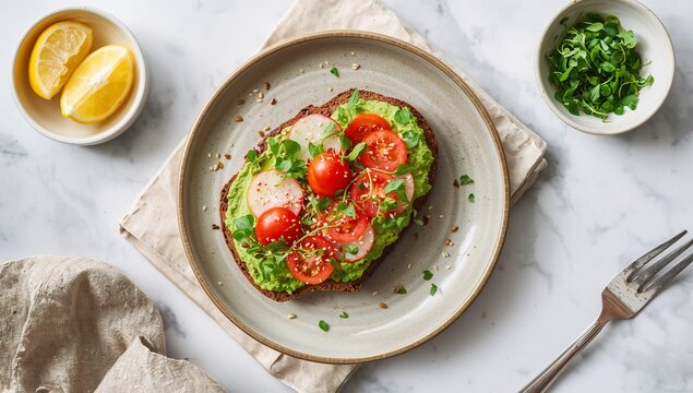 Avocado toast with creamy mashed avocado spread over toasted bread, topped with fresh herbs and simple seasoning, clean vibrant presentation for modern healthy breakfast visuals