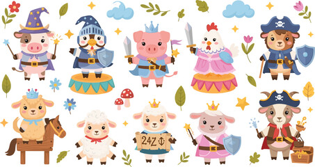 Naklejka premium Whimsical Farm Animal Costumes Set Featuring Pirate, Princess, King, Wizard, and Knight Roles for Fun Character Illustrations