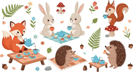 Obraz premium Whimsical Woodland Animals Tea Party Set Featuring Fox, Rabbit, Squirrel, and Hedgehog Enjoying Tea and Sweets in Nature