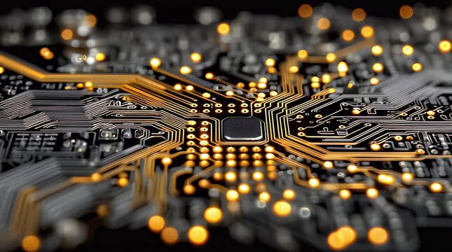 Slow tracking shot of glowing circuit board with no people
