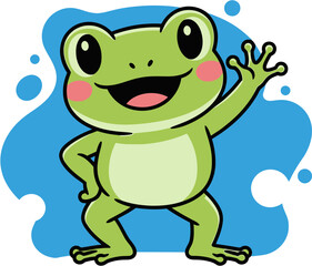Obraz premium Friendly green cartoon frog waving with a happy smile against a vibrant blue splash. Cheerful and playful illustration perfect for children's projects