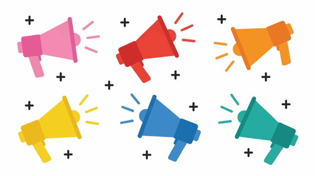 Six colorful megaphones in various hues, including pink, red, orange, yellow, blue, and green, arranged on a white background with sound waves and plus signs.