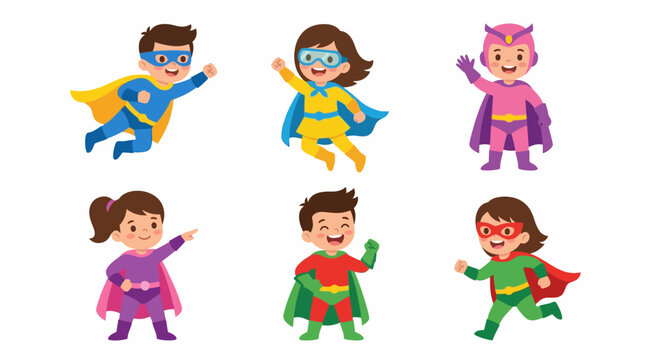 Six adorable cartoon children dressed in colorful superhero costumes, posing and playing with capes and masks, ready for adventure.