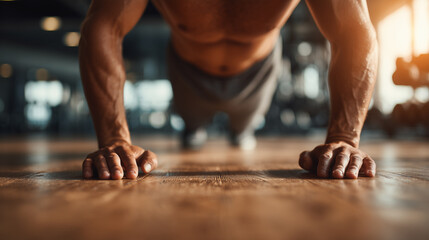 Muscular athlete doing push up exercise on gym floor strength training and fitness workout concept