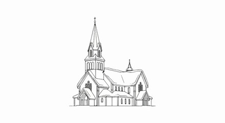 Fototapeta premium Detailed line drawing of a classic church with a tall spire and multiple peaked roofs