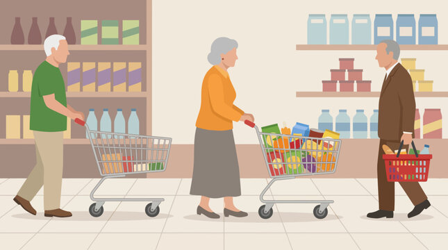 Three senior citizens shopping for groceries in a supermarket aisle, one with a full cart, one with an empty cart, and one carrying a basket.
