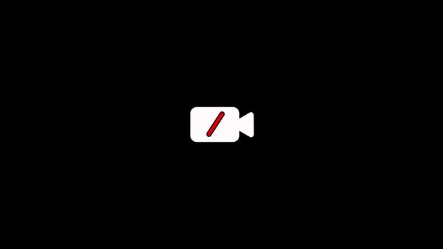 White camera icon with a red cross line indicating video off on black background. camera turned off or inactive, indicating no video or video off animation icon