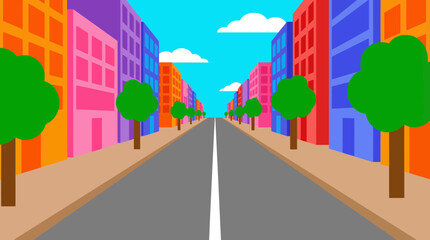 Fototapeta premium A vibrant, cartoon-style illustration of a city street with colorful buildings, green trees, and a long road extending into the distance under a blue sky.