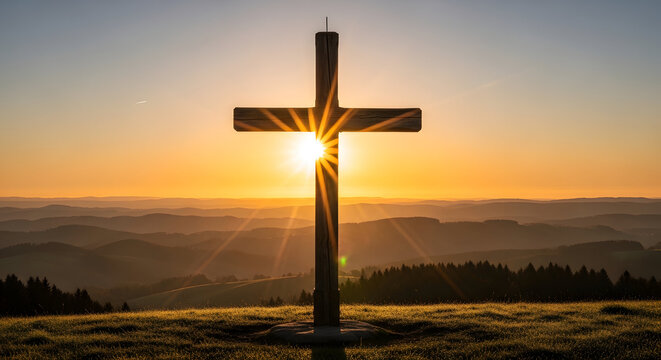 A wooden cross stands tall on a hilltop during a beautiful sunset.