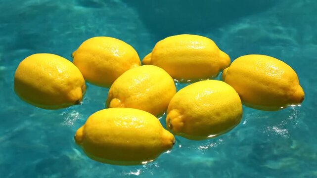 Lemons float in blue water.