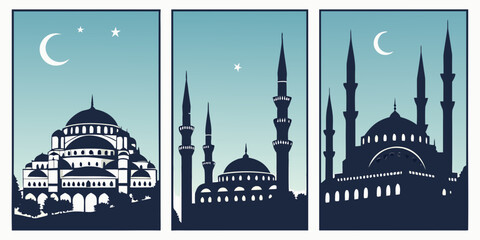 Three tall minarets and a mosque with a large dome under a blue sky with clouds © Gh