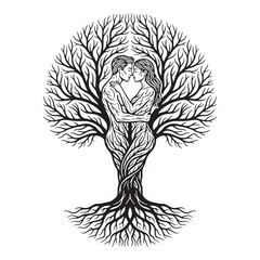 Fototapeta premium Romantic Couple Merged in Tree Trunk Roots Nature Concept Vector