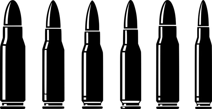 Set of icons of 5.56 caliber live ammunition in line, isolation and silhouette form, ammunition for 5.56 caliber assault rifles.
