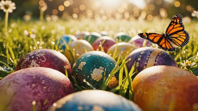 Easter eggs in a field of grass with a monarch butterfly and sun shining bright with bokeh effect