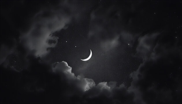 Mysterious crescent moon peeking through dramatic night clouds