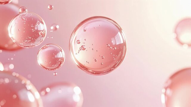 ピンクの透明美容カプセルがやさしく浮遊するループ動画、スキンケア・美容液成分・保湿イメージを表現した美容分子アニメーション素材 / Seamless loop video of pink transparent cosmetic capsules gently floating, representing skincare, serum ingredients