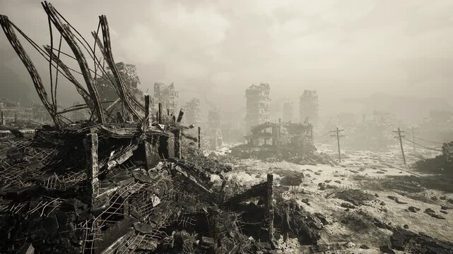 Silent avenues cutting through ruined apartment blocks, dusty air, faint sun through cloud, scattered metal frames and toppled signs, feeling of long