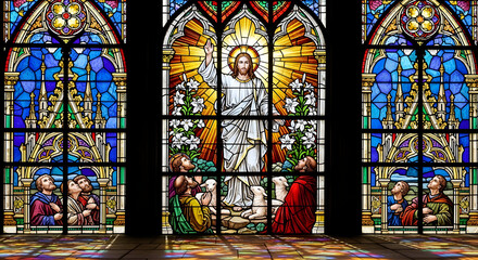 Obraz premium Vibrant stained glass windows depicting religious figures and intricate patterns.