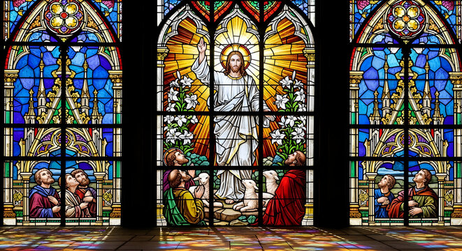 Vibrant stained glass windows depicting religious figures and intricate patterns.