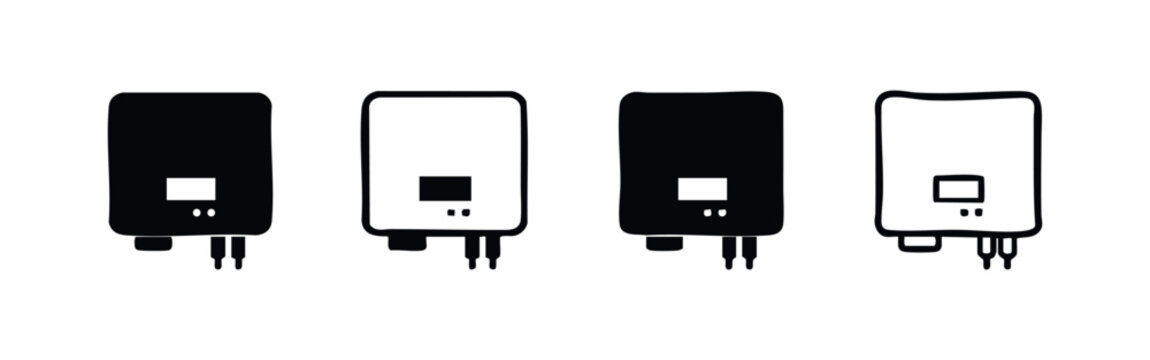Set of four solar inverter or power converter icons in black solid and outline hand-drawn styles