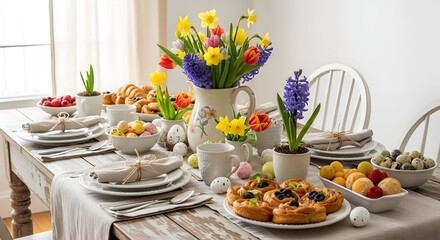 A beautifully set table with flowers, pastries, and a variety of fruits.