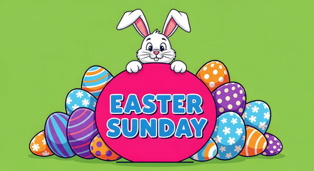 Obraz premium Cartoon Easter bunny peeking over colorful patterned eggs with text rabbit sunday