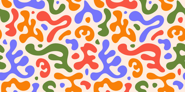 Abstract seamless pattern with liquid organic shapes. Colorful wavy bubbles and drops in trendy y2k style. Vector illustration	