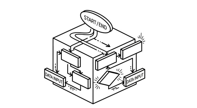 3D Flowchart Cube with Start/End and Data Input Boxes, Business Process Concept
