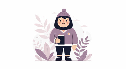 Obraz premium Cheerful character in winter attire holding a dark beverage amidst floral and celestial elements