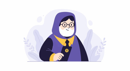 Friendly person in academic attire with glasses, holding a smartphone