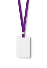 A white badge with a purple lanyard