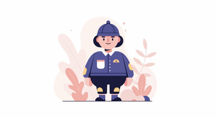 Fototapeta premium A cartoon child in a blue uniform and cap stands amidst stylized pink foliage
