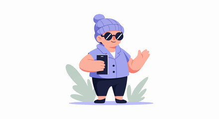 Obraz premium A cheerful person in a beanie and sunglasses holds a phone and waves with a friendly gesture