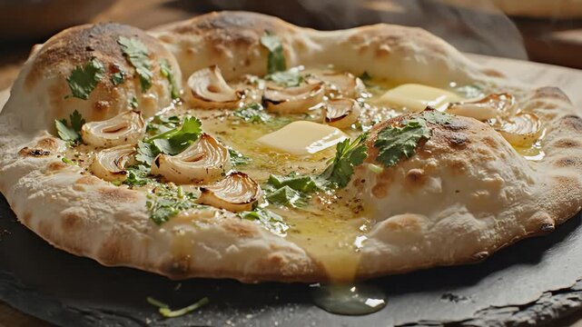 Close up of freshly baked flatbread with butter and herbs