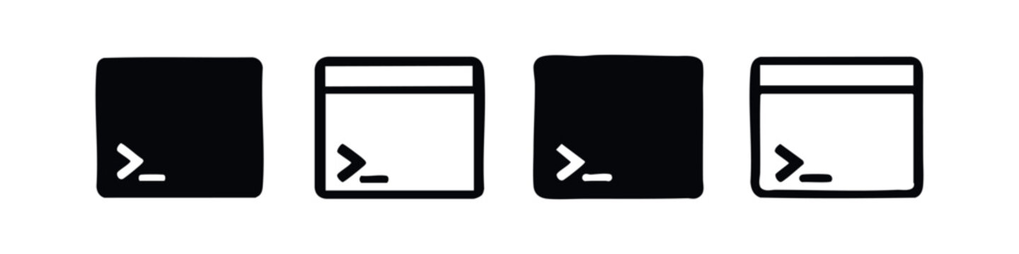 Terminal Window and Command Prompt Icon Set. Black and white developer console vector symbols with solid and outline variations.