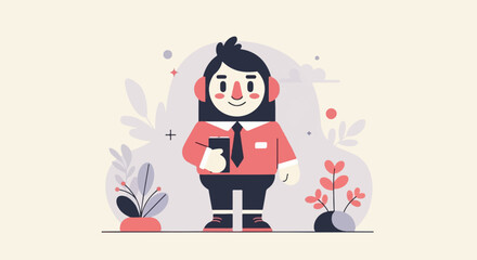 Fototapeta premium Stylized character in red shirt, tie, and headphones, holding a phone
