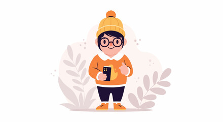 Naklejka premium Cute cartoon character in orange outfit with yellow hat and phone