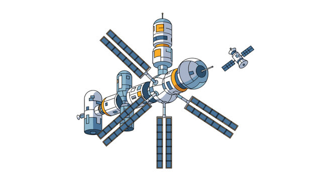 A large, intricate space station with multiple modules and expansive blue solar panels floats against a white background with a smaller satellite nearby.