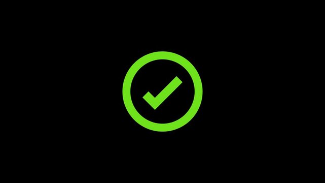 Animated green check mark icon with circle fireworks effect on black background, motion graphic for success, completion, or approval interface 4K resolution stock video