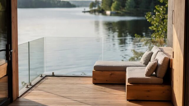 Sharp view of modular ecocabin balcony overlooking lake blurred rippling water and trees in distance enhancing peaceful natureintegrated living concept.