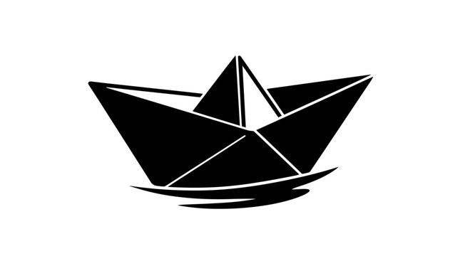 Simple Black Paper Boat Floating on Water Silhouette Icon