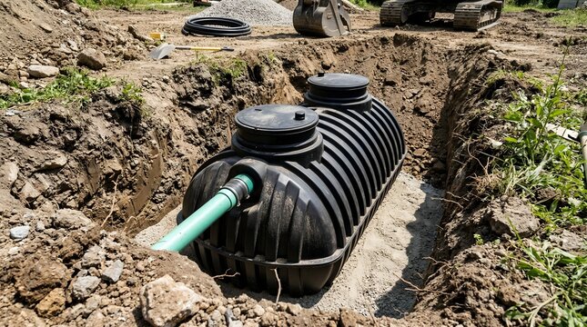 Installation of a black plastic underground septic tank