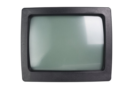 Old CRT computer monitor in black case with blank screen isolated. 