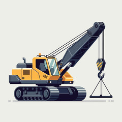 Yellow crawler crane with hook and load lifting equipment on a light background