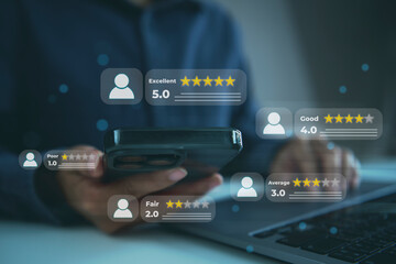Customer satisfaction rating concept with person holding smartphone and five star feedback...