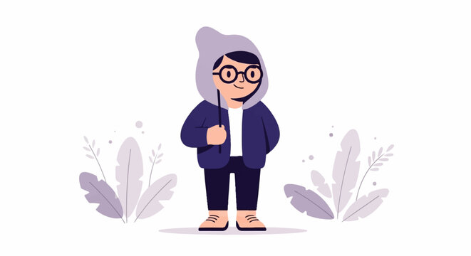 A cartoon child in a hooded jacket and glasses holds a stick, surrounded by abstract plant elements