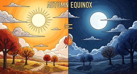 Autumn equinox transition between day and night scenes in nature
