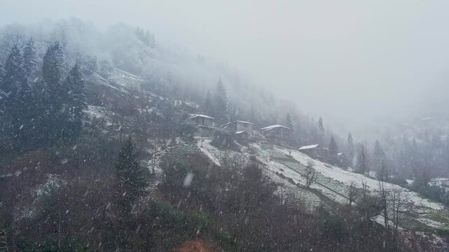 Snowfall covering traditional houses on a misty mountain hillside surrounded by forest and terraced fields. Peaceful rural winter landscape in Ayder Plateau, Rize, Turkey, in the scenic Black Sea regi