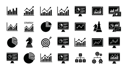 Extensive collection of business, analytics, and strategy icons featuring diverse charts, monitors, chess knight, target, and gears, ideal for data visualization and corporate planning, isolated © LESTARI